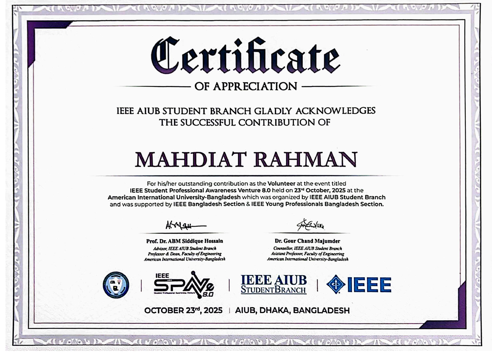 IEEE SPAVE 8.0 - Certificate of Appreciation, Volunteer