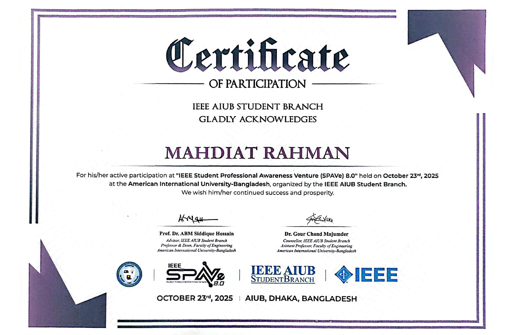 IEEE SPAVE 8.0 - Certificate of Participation