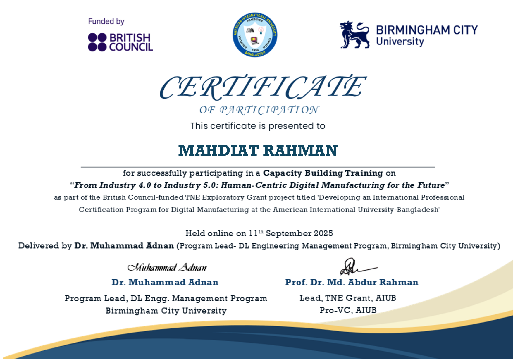 Digital Manufacturing Training - Certificate of Participation