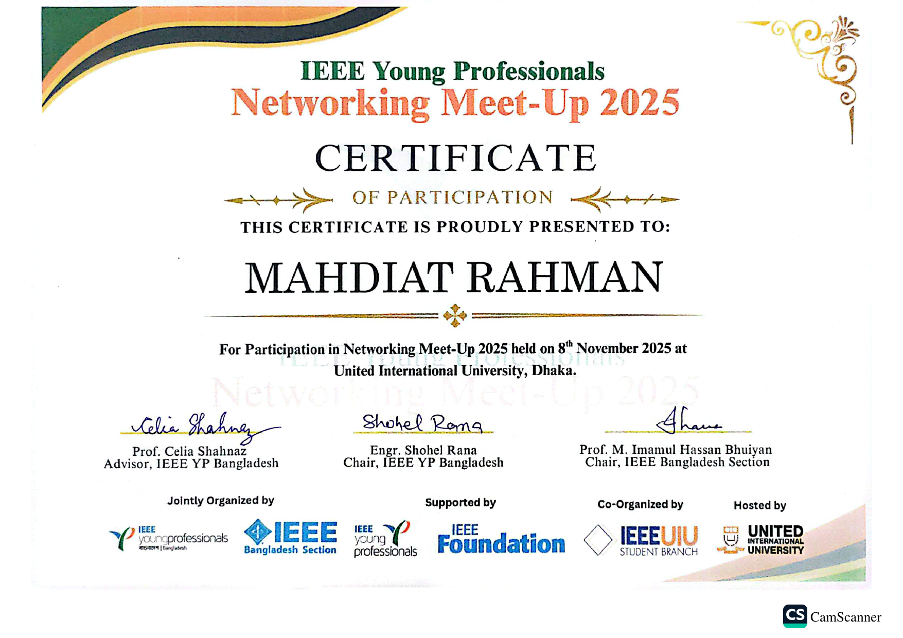 IEEE Young Professionals Networking Meet-Up 2025 Certificate